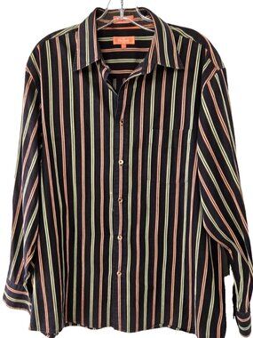Faconnable Shirt Men's Size L Black Orange Green Stripe Button Down Long Sleeve